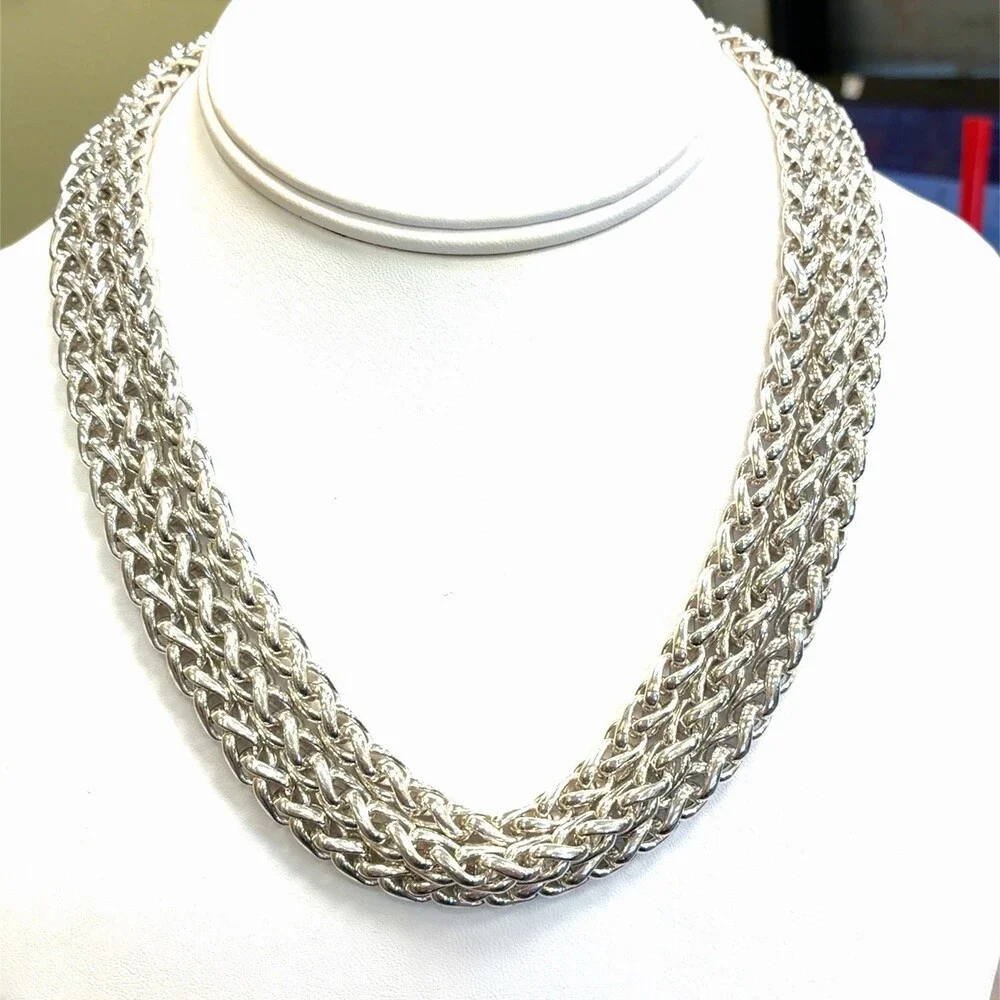 Mignon Faget 925 Sterling Silver Graduated Wheat 3 Chain Link Statement Necklace